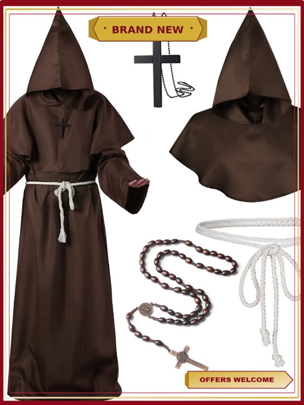 Monk Costume Adult Men Medieval Robe Priest Cloak Hood Halloween Renaissance